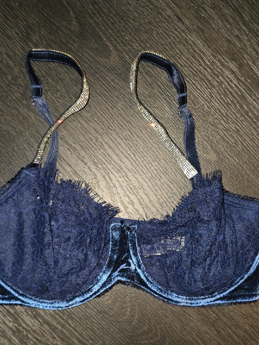 Victoria's Secret Navy Lace & Velvet Underwire Bra with Gold Accent Straps